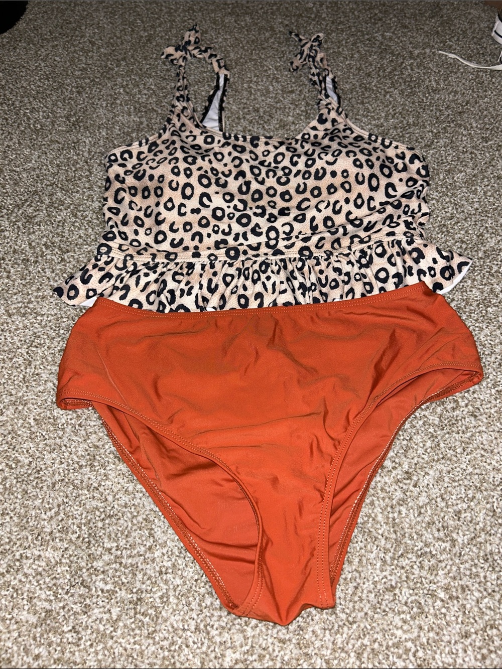 SHEIN Leopard Print Ruffle Tankini Top with Rust Orange Bottom